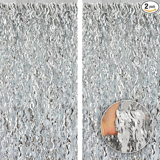 KatchOn, XtraLarge Wavy Silver Backdrop Curtain - Pack of 2 | Silver Streamers Backdrop for Disco Party Decorations | Fringe Curtains for Engagement, 25th Anniversary, 25th Birthday Decorations