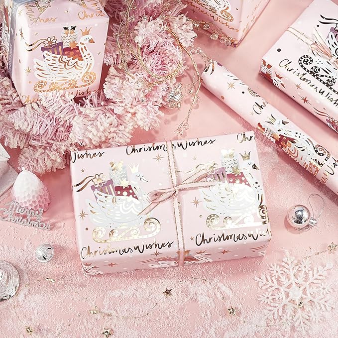 RUSPEPA Christmas Wrapping Paper Roll, Mini Roll, Pink Gold Foil Gift Wrap with Elegant Swan Sled, Presents and Christmas Wishes Design, Perfect for Girls, Women, Holiday Gift, 17 Inches x 16.4 Feet