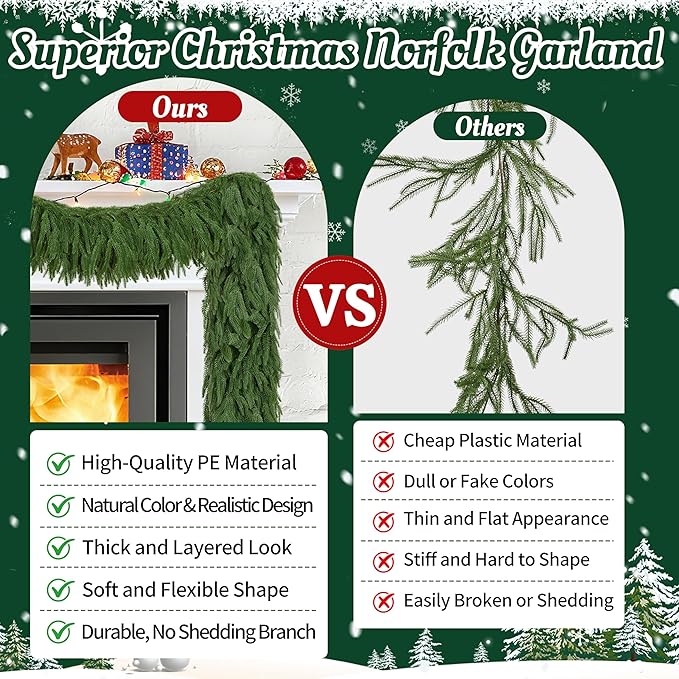 Palonu 4 Pcs 5Ft Artificial Norfolk Garland, Faux Christmas Greenery Touched Like Real Needles Pine, Decoration for Table Mantle Wall Porch Fireplace Indoor Outdoor Winter Holiday Décor