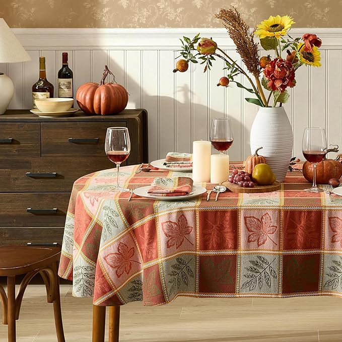 Newbridge Whispering Leaves Rust Orange and Green Plaid Thanksgiving Tablecloth, 60 x 84 Inch Oval, Autumn Leaf Woven Fabric Table Cover, Fall Harvest Dining Decor