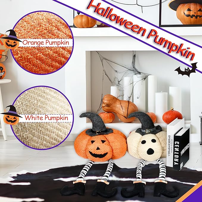 Ogrmar 2 Pcs Halloween Decorations - 23" Stuffed Plushie Pumpkin Doll with Witch Hat and Black Boots for Home Party Table Decor