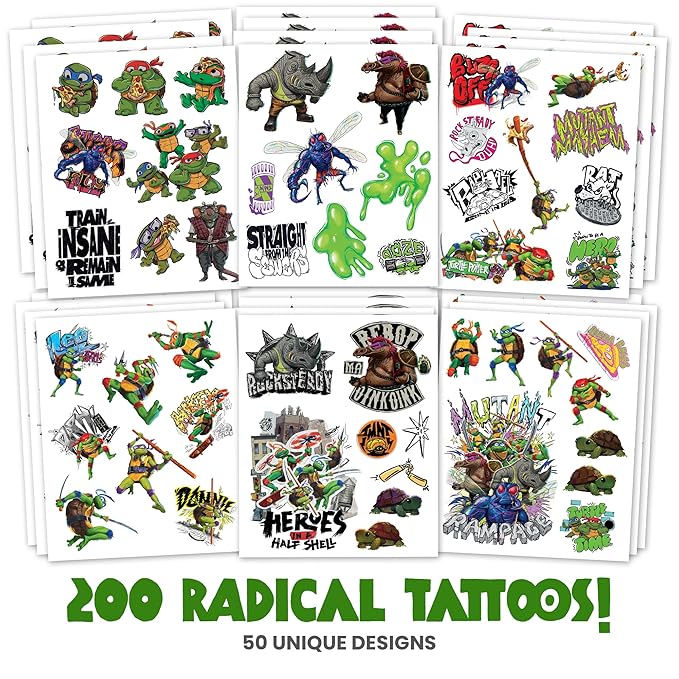 Teenage Mutant Ninja Turtles Temporary Tattoos for Kids 200 pack - TMNT tattoos. Made in the USA w Certified Safe Ink. Kids Birthday Party Supplies & Party Favors.