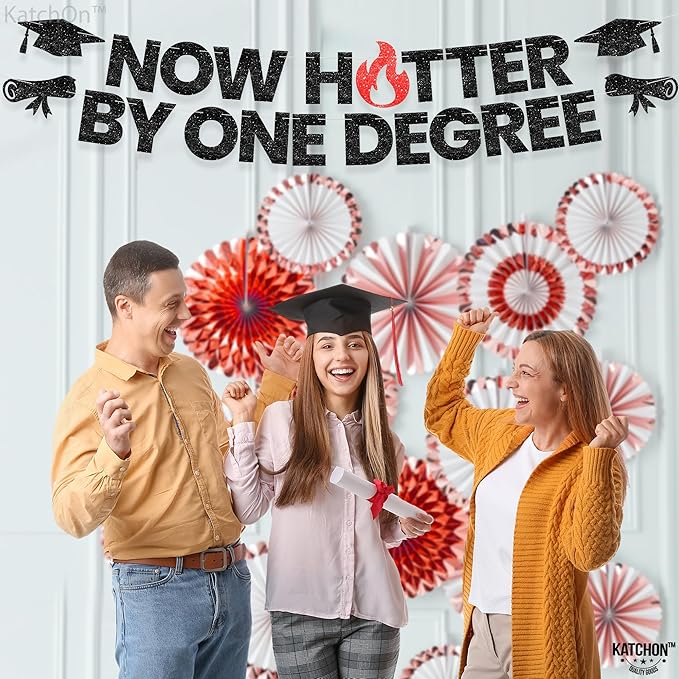 Katchon, Now Hotter By One Degree Banner-10 Feet | Congrats Grad Banner | One Degree Hotter Decorations | Graduation Backdrop |orange Graduation Decorations 2025 | Glitter Black graduation Banner
