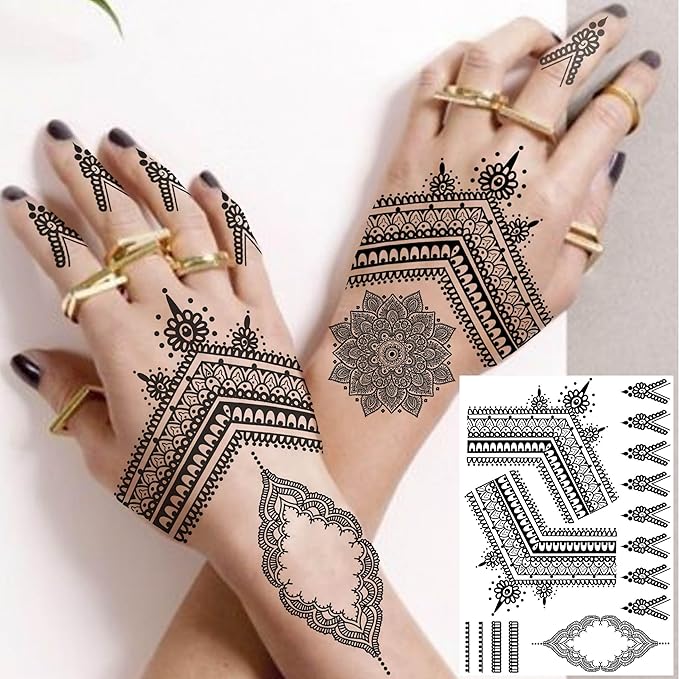 4 Sheets Vintage India Sexy Lace Black Mandala Flower Temporary Tattoos For Women Hand Finger Girls Adults Sets Kits, Wedding Bridal Fake Jewels Tattoo Sticker Lotus Stencils, Party Favor Supplies