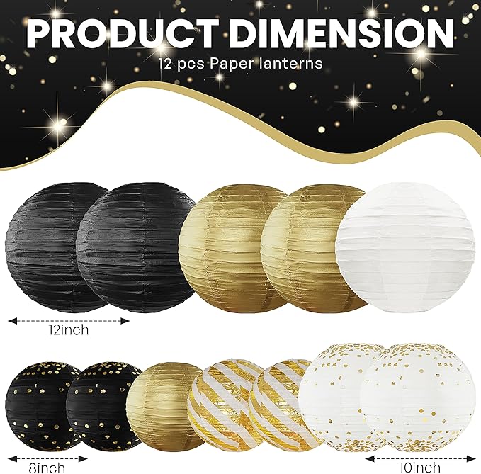 Black and Gold Back to School Decorations Hanging Paper Lanterns 12pcs Paper Lanterns Decorative for Birthday Anniversary Wedding Retirement Party New Years Decorations