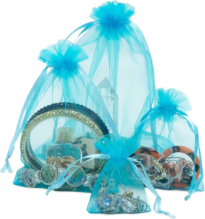 TheDisplayGuys 48-Pack 2" x 2-3/4" Turquoise Blue Sheer Organza Gift Bags with Drawstring, Jewelry Candy Treat Wedding Party Favors Mesh Pouch