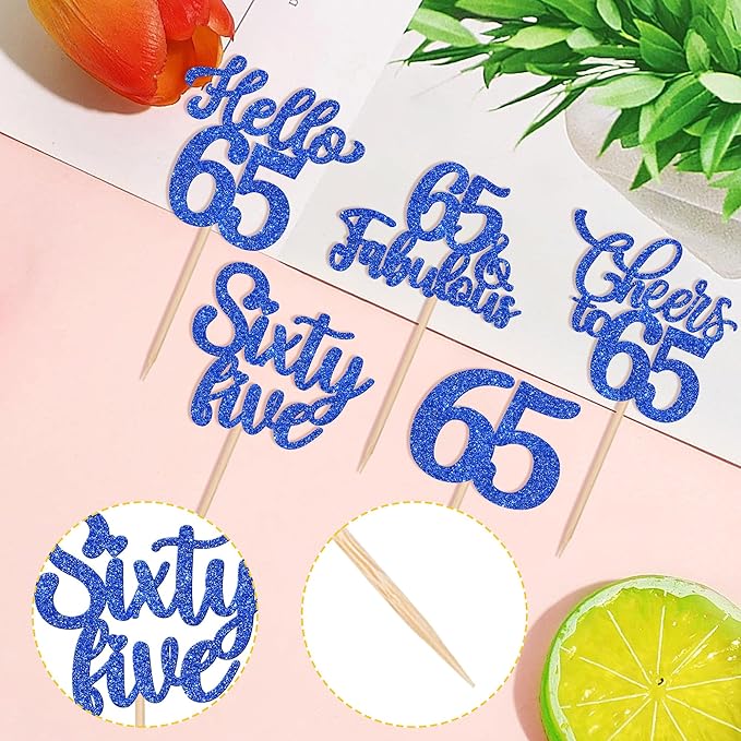30PCS Happy 65th Birthday Cupcake Toppers Glitter Hello 65 Fabulous Sixty Five Cheers to 65 Years Old Birthday Cupcake Picks for Happy 65th Birthday Anniversary Party Cake Decorations Supplies Blue