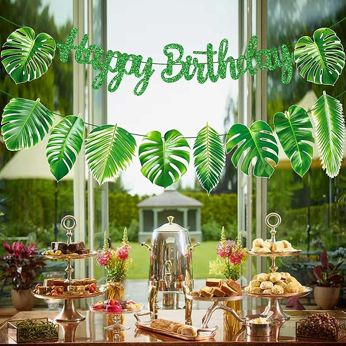 Tropical Birthday Decorations Green Palm Leaf Happy Birthday Banners Hawaiian Luau Birthday Decorations for Summer Theme Birthday Party Jungle Baby Shower Supplies