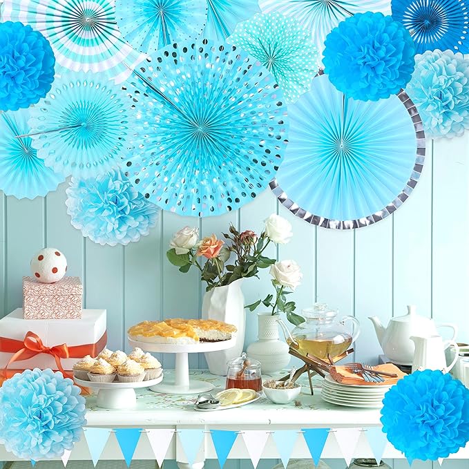 Moon Boat 35PCS Party Decorations Paper Fan Hanging Set - Birthday,Baby Shower,Wedding Decor (Blue)