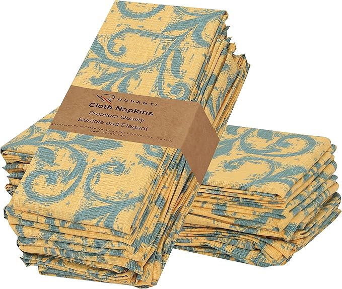 RUVANTI Cloth Napkins Set of 12 Cotton 100%, 18x18 Inches Napkins Cloth Washable, Soft, Absorbent. Cotton Napkins for Parties, Christmas, Thanksgiving, Weddings, Dinner Napkins Cloth - Vine Spirals