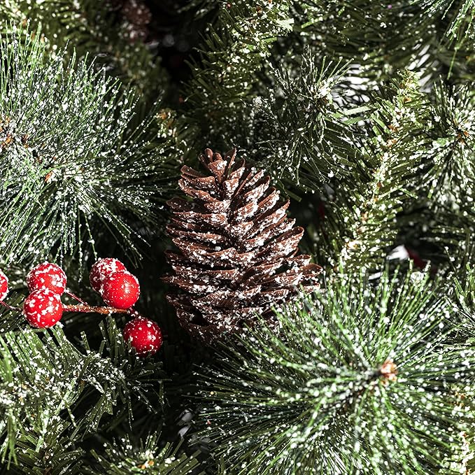 Glitzhome 4ft/5ft/6ft Pre-lit Christmas Trees Set, Artificial Christmas Trees Flocked Potted Christmas Porch Trees for Entrance with Pine Cones, Red Berries, and Warm White Lights