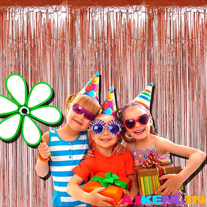 4 Pack 3.2Ft x 9.8Ft Rose Gold Foil Fringe Curtain Backdrop, Metallic Tinsel Foil Fringe Streamers Curtains for Party, Photo Booth Props, Birthday, Wedding, Christmas Party Decoration Supplies