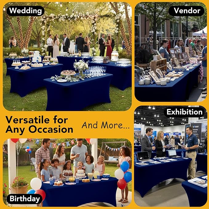 8-Pack Premium Navy Blue Spandex Tablecloths for 6ft Rectangle Tables, Stain & Wrinkle-Resistant, Washable Stretch Polyester Fitted Table Cover for Weddings, Banquets, Trade Shows Events