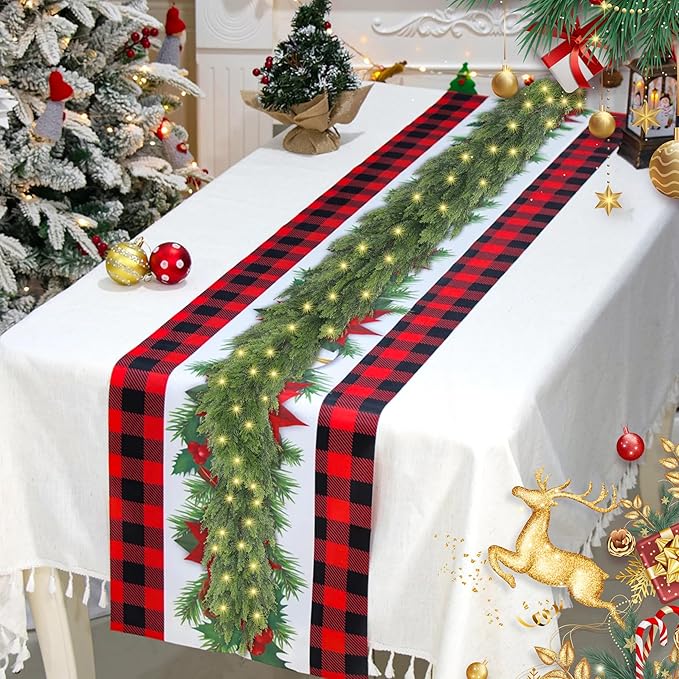 6FT Christmas Cedar Garland with Light, Lighted Real Touch Cedar Garland, Artificial Greenery Garlands for Table Fireplace Wall Stairs Door Xmas Decor