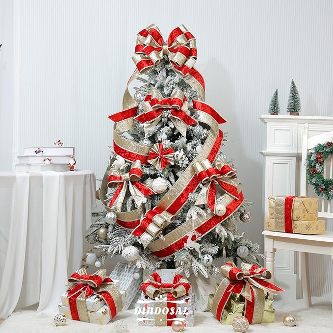 Red Velvet Wired Christmas Ribbon 4 Inch Extra Wide Thick Red and Gold Glitter Holiday Ribbon – 10-Yards Roll for Tree Decorations, Gift Wrapping, Wreaths, and DIY Crafts