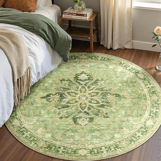 Area Rugs 4ft Washable Non-Slip, Floral Vintage Distress Print Pattern Medallion Carpet for Living Room Bedroom Dining Room, Sage Green Yellow