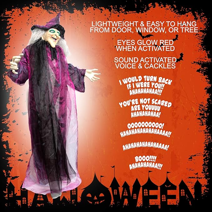 Besti Life Size Hanging Witch Halloween Decor (71 Inches) | Sound & Touch Activated Talking Halloween Decorations | Witch Props Excellent Choice for Haunted House | Indoor & Outdoor Animated Prop