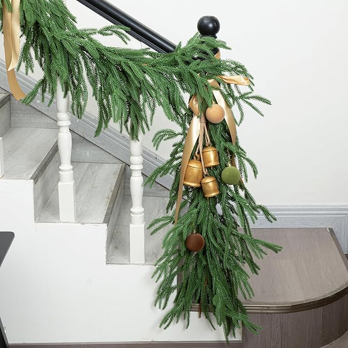 9FT Norfolk Pine Garland Realistic - Thick Deluxe Faux Christmas Greenery Garland Artificial Green Winter Pine Garlands for Mantle Staircase Table Indoor Outdoor Xmas Holiday Decoration
