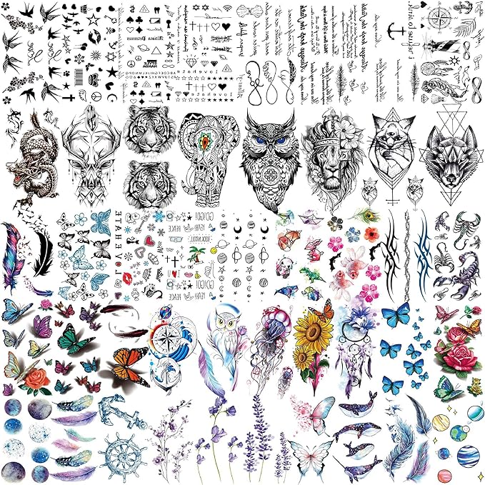 56 Sheets Watercolor Owl Tiger Lion Temporary Tattoos For Women Men Body Art Arm Thigh, 3D Long Lasting Realistic Fake Tattoo Sleeve Stickers For Adults, Wolf Fox Leopard Bulk Temp Tatoos Kids