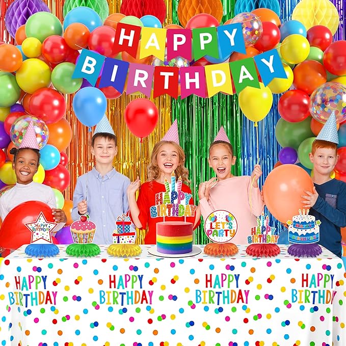 103 Pcs Colorful Birthday Decorations for Boys and Girls, Rainbow Party Decorations with Happy Birthday Backdrop Banner Tablecloth Balloon Arch Kit Centerpieces & Fringe Curtains