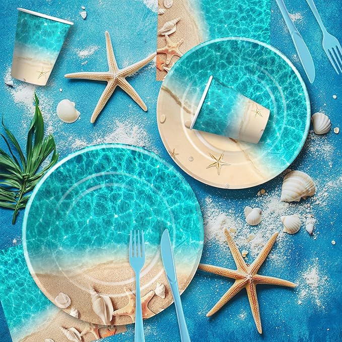 Beach Party Decorations, Ocean Seashell Party Supplies, Plate, Cup, Napkin, Tablecloth, Cutlery, Banner, Ocean Beach Table Decorations For Birthday Baby Shower Wedding, Serves 24