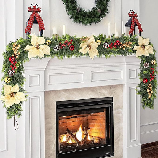 6FT Christmas Cedar Garland for Mantle, 1PCS Realistic Christmas Pine Garland with Flowers Berries Pinecones Balls, Artificial Real Touch Soft Cedar Garlands for Winter Indoor Outdoor Xmas Decoration