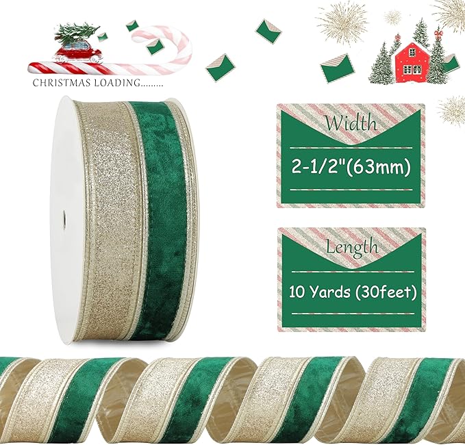 Dark Green Velvet Wired Christmas Ribbon 2.5 Inch Green and Gold Glitter Holiday Ribbon – 10-Yards Roll for Tree Decorations, Gift Wrapping, Wreaths, and DIY Crafts