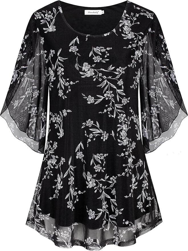 Ninedaily Women's Tops 3/4 Sleeve Blouses Dressy Casual Double Layers Mesh Tunic Shirts