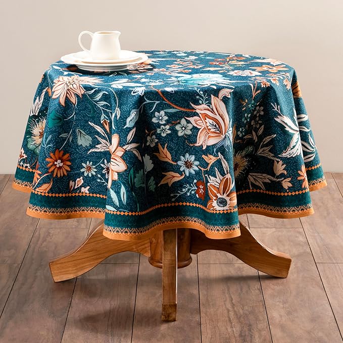 Maison d' Hermine Table Cloth Round Table 100% Cotton 63 Inches Fall Tablecloth Reusable Everyday Use for Thanksgiving Christmas Decorations Dining Farmhouse Party (Luxury Loft - Dark Teal)