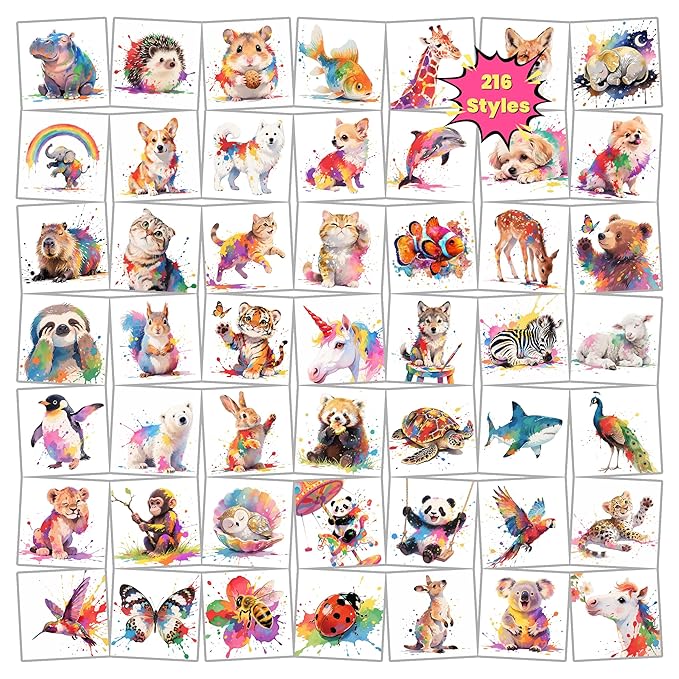 216 PCS Watercolor Animals Temporary Tattoo Set (36 Sheets) for kids - Cute Animals Sticker for Girls Boys Body Arm Shoulder, Birthday Party Supplies Gifts for Kids