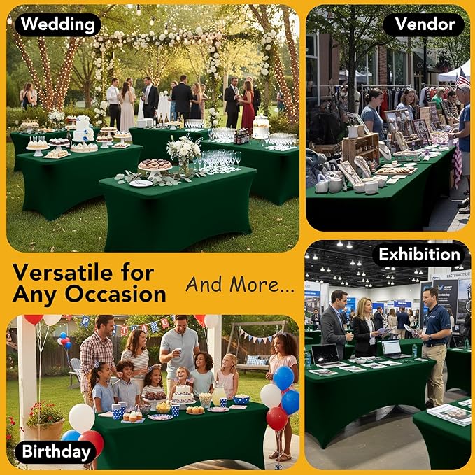 6-Pack Premium Hunter Green Spandex Tablecloths for 6ft Rectangle Tables, Stain & Wrinkle-Resistant, Washable Stretch Polyester Fitted Table Cover for Weddings, Banquets, Trade Shows Events