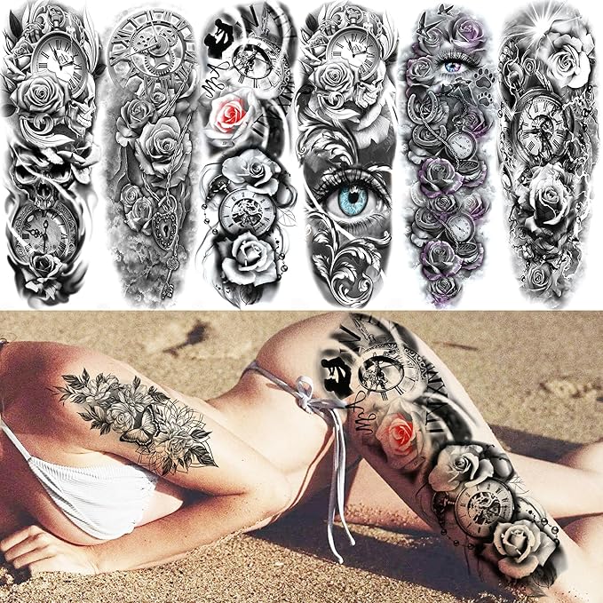 20 Sheets Sexy Rose Flower Full Arm Temporary Tattoos For Women Adults Thigh, Black Tribal Eye Gear Peony Florals Eye Compass Clock Fake Sleeve Tattoos For Women, 3D Halloween Tattoo Stickers