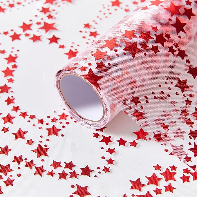 YATOJUZI Red Tulle Table Runner,16 Ft Star Sheer Chiffon Table Runner,Sequin Glitter Metallic Foil Red Table Decorations Centerpiece for Wedding Birthday Christmas Party