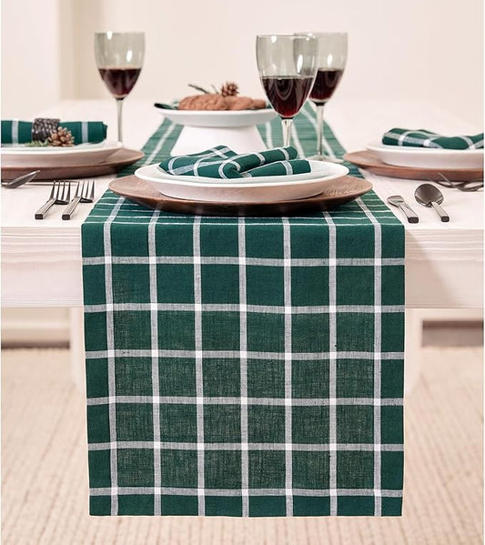Solino Home Linen Plaid Table Runner 36 Inches - 100% Pure Linen Windowpane Dark Green Short Table Runner 14 x 36 Inch Ideal for Dresser and Coffee Tables - Christmas, Holiday, Xmas, Winter