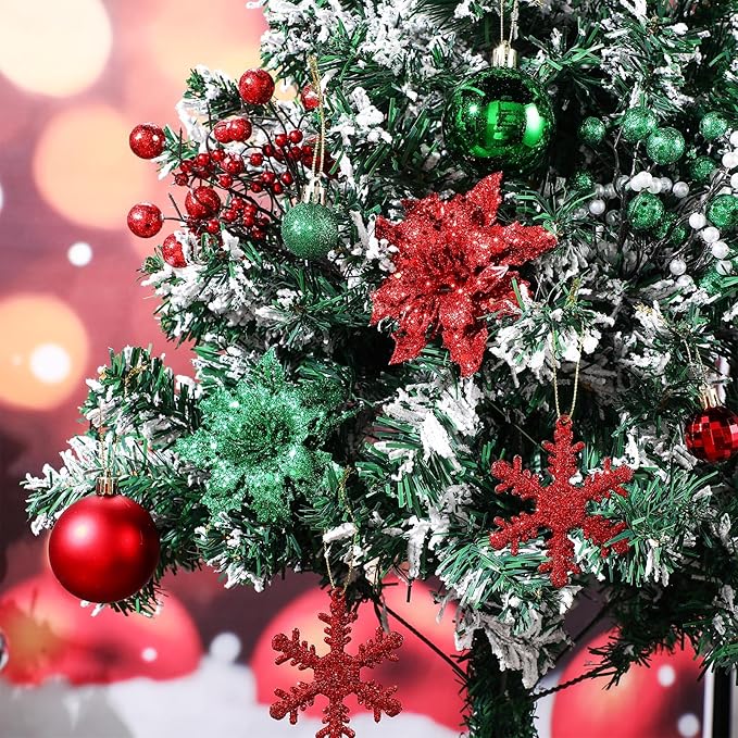 Sratte 94 Pcs Christmas Tree Decorations Set, Christmas Tree Ball Ornaments Glitter Poinsettia Flowers Decorations Glitter Berries Stems for Xmas Holiday Wedding(Red, Green)