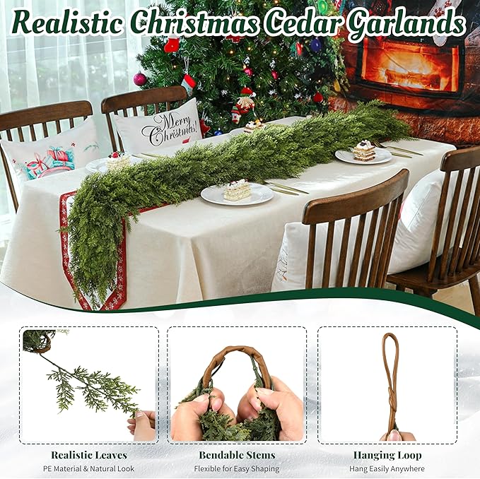 Palonu 9Ft Christmas Cedar Garland, Artificial Realistic Greenery Faux Garlands Touch Like Real Pine Needles Xmas Décor, Fireplace Mantle Table Stairs Porch Indoor Outdoor Holiday Decoration