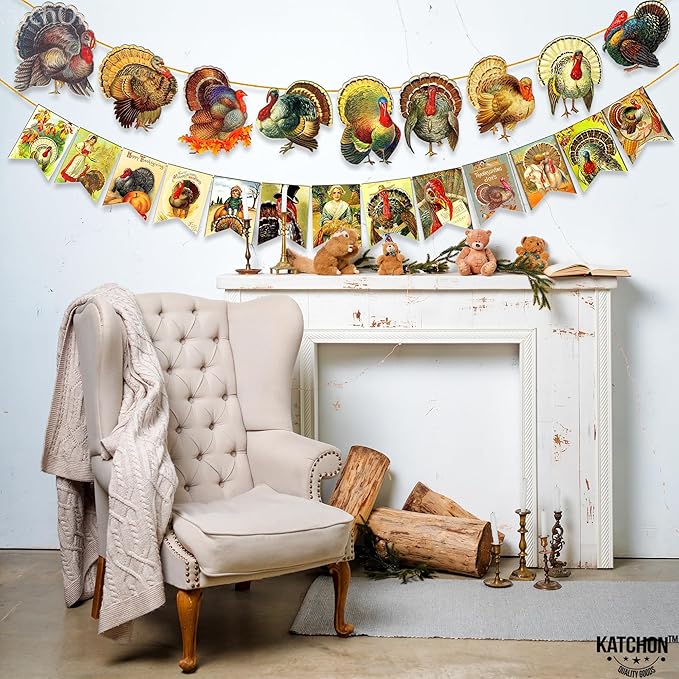 KatchOn, Vintage Thanksgiving Banner - 10 Feet, 2 Strings | Turkey Banner for Turkey Decoration | Vintage Thanksgiving Decorations Indoor, Harvest Decorations