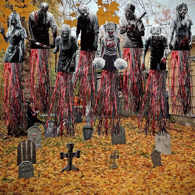 8 Pcs Horror Halloween Zombie Outdoor Hanging Decorations with Tassels Bloody Scary Yard Decoration for Outside 3.3ft Windsocks for Wall Tree Home Lawn Yard Party Supplies Garden Decor