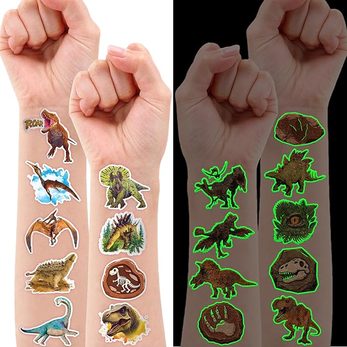 96 PCS Dinosaur 3D Pre-Cut Luminous Glow in the dark Temporary Tattoos for Kids | Super Cute Themed Birthday Party Favors, Supplies, Decorations, Funny Jungle Fake Tattoo Stickers Gifts for Boys Girls