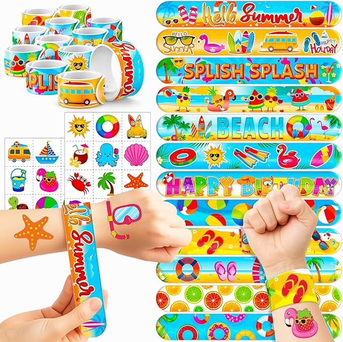 48PCS Beach Party Favors – 24PCS Temporary Pre - cut Tattoos & 24PCS Slap Bracelets – Summer & Ocean-Themed Birthday Supplies, Baby Shower Gifts, Classroom Rewards & Party Decor for Kids