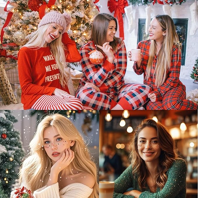 8 Pcs Christmas Face Temporary Tattoos, Ren Green and White Glitter Freckles Face Tattoo for Kids and Women, Waterproof Christmas Accessories Face Makeup for Party Supplies