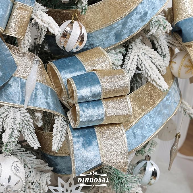 Dusty Blue Velvet Wired Christmas Ribbon 4 Inch Extra Wide Thick Blue and Gold Glitter Holiday Ribbon – 10-Yards Roll for Tree Decorations, Gift Wrapping, Wreaths, and DIY Crafts