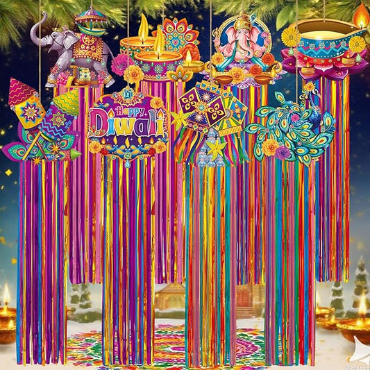 8 Pcs Diwali & Ganesh Chaturthi Outdoor Decorations with Tassels Diwali Yard Hanging Signs 3.3 ft Indian Festival Party Decorations with Ganesha Idol Peacock Lotus for Lawn Garden Decor