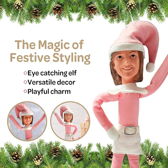 Pink Timeless Holiday Charm Elf 35cm Ornament – Handmade Pink Christmas Elf Decoration for Tree, Mantel, Shelf, and Holiday Party Décor