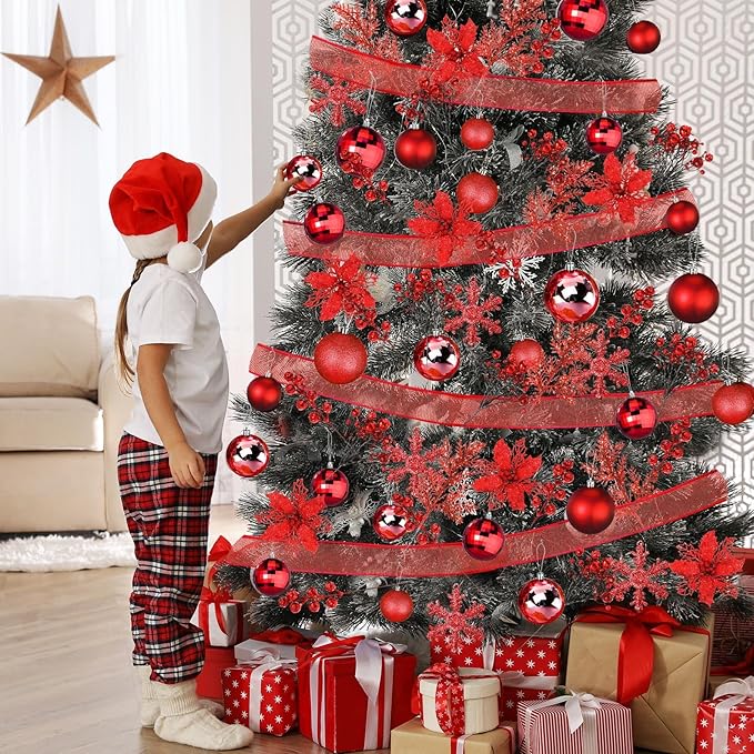 Sratte 94 Pcs Christmas Tree Decorations Set, Christmas Tree Ball Ornaments Glitter Poinsettia Flowers Decorations Glitter Berries Stems for Xmas Holiday Wedding(Red)