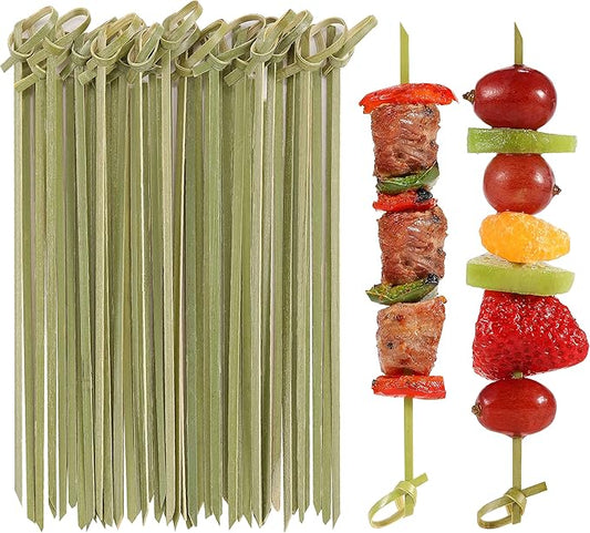 Bamboo Knotted Cocktail Picks 6 Inch, 100 Pack Toothpicks Skewers with Looped Knot for Appetizers, Mini Food Sticks Fancy Tooth Picks for Party Drinks Fruit Charcuterie Cocktail Garnish Accessories