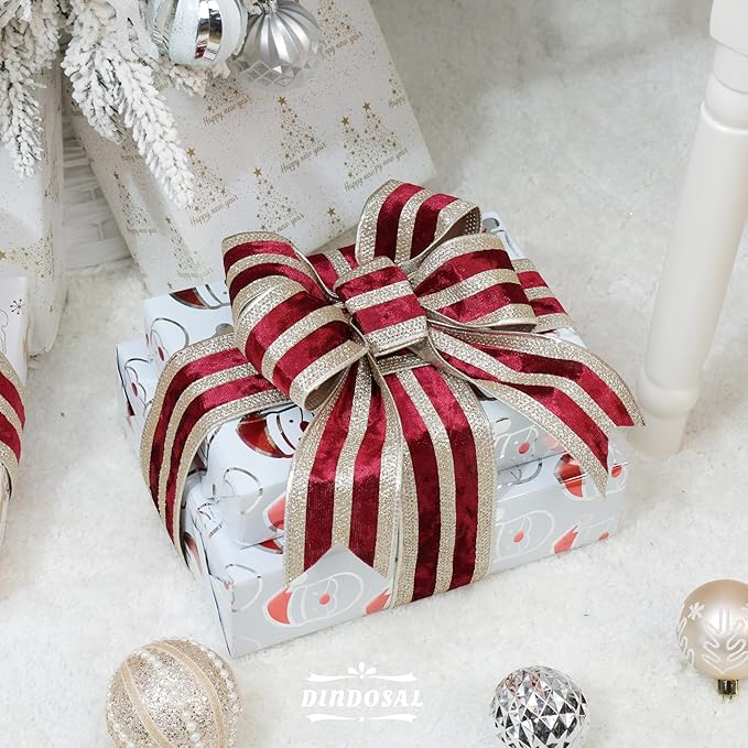 Burgundy Velvet Wired Ribbon with Champagne Glitter Stripe 2.5 Inch Crushed Velvet Christmas Ribbon, 10 Yards for Gift Wrapping, Crafts, Christmas Tree Decorations, Wreath Supplies, Garlands
