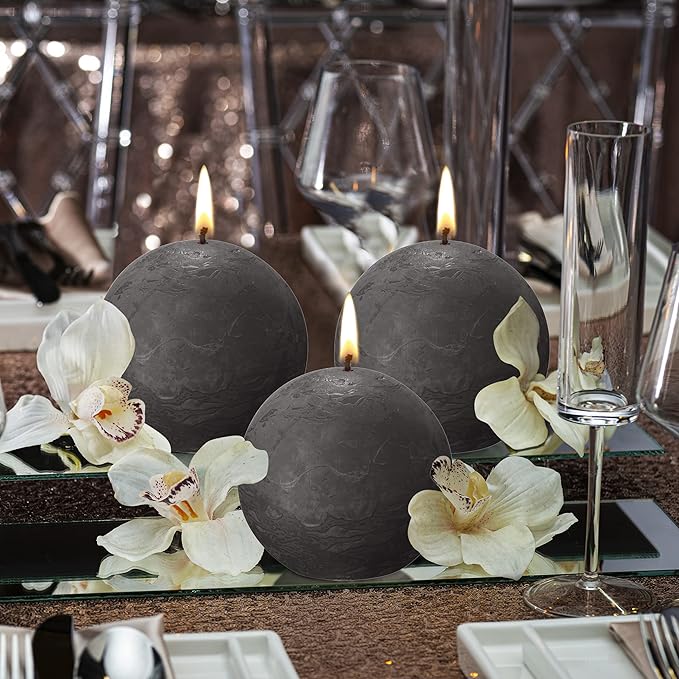 BOLSIUS 3 Pack Stormy Gray Rustic Ball Pillar Candles - 3 Inch - Premium European Quality - Includes Natural Plant-Based Wax - Unscented Dripless Smokeless 25 Hour Party Décor and Wedding Candles