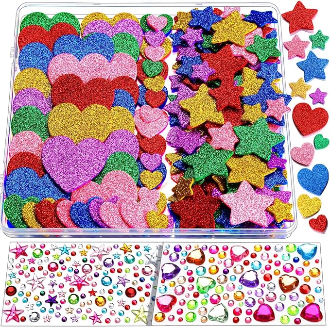 YGDZ Glitter Foam Stickers Set, Colorful Self Adhesive Stars Heart Gems Sticker for Kids Crafts, Rhinestones Jewel Home Decorations, for Cheer Pins, Craft Supplies for Kids