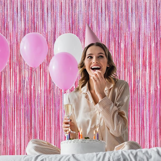 12 Pack Pink Backdrop, 3.28 FT x 7.05 FT Foil Streamers, Metallic Glitter Backdrop Pink Tinsel Fringe Curtains Party Streamers, Pink Birthday Party Decorations Photo Booth Props